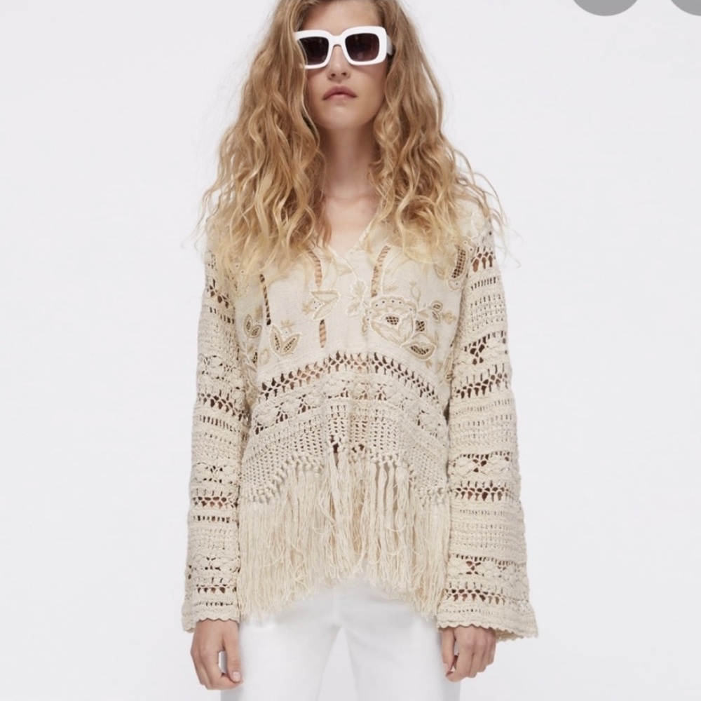 NWT ZARA COMBINATION CROCHET EMBROIDERY TUNIC TOP BEIGE SAND SPECIAL EDITION